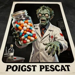 hyperdetailed poster painting in a color style of 70's black poster art of an a crazy pharmacist zombie holding a giant jar of pills, epic scale ultrawide angle, 3D  rendered, Vray rendered, octane render, unreal engine