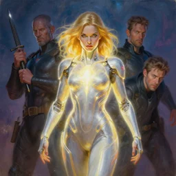 woman of light technology and magic, multiverse, tim hildebrandt, bruce pennington, wayne barlowe, donato giancola, trending on artstation, cinematic composition, beautiful lighting, hyper detailed, 8 k, oil on canvas