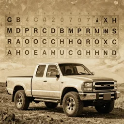 every human and pickup truck in the outdoors, sepia painting, scraped paint, periodic table grid