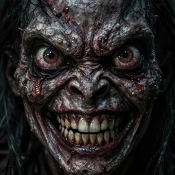 a horrifying humanoid monster staring at me, centimeters away from my face, with massive, terrifying eyes and a crazed smile. infamous dark photograph