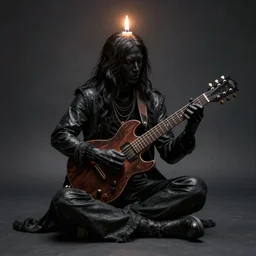 a black candle man with long guitar, playing an electric guitar, art by 23 Envelope