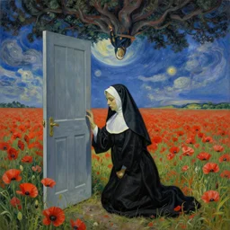 veiling nun on her knees at poppy field door in the sky tree upside down planet on horizon stargate by beksinski van gog hyperrealism detailed masterpiece doomy