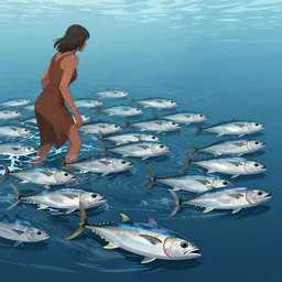 brown woman herding tuna in the ocean, extremely detailed, sharp focus, wide view, smooth, digital illustration, by james jean, by rossdraws, frank franzzeta, mcbess, sakimichan