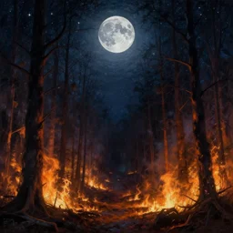 forest fires, wildfire, moon, lovecraftian style, light, starry night, by frederick arthur bridgman, painting, volumetric light, uplight, global illumination, intricate, detailed, atmospheric lighting