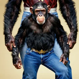 a Chimpanzee, dressed as Wonder Woman, is wearing tight fit Blue Jean pants, photographed in the style of Annie Leibovitz, photorealistic