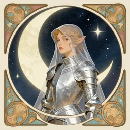 a portrait of a moon princess knight, draped in transparent cloth, silver armor, flat colors, occult, minimal, swirly, bust by alphonse mucha, decorative art nouveau border, astrophotography, vast cosmos, detailed book illustration, trending on artstation