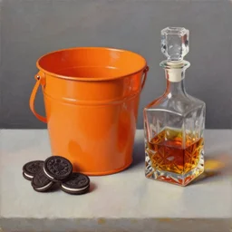 still life painting of an orange bucket and some oreo cookies and a crystal decanter of whiskey, oil on canvas, realism style. psychromeluminence