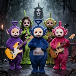 gothic teletubbies form a rock band. disturbing. folk horror
