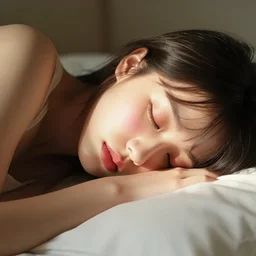 sleeping with her head on the pillow her lips and cheeks rosy, the sunlight begins to crest