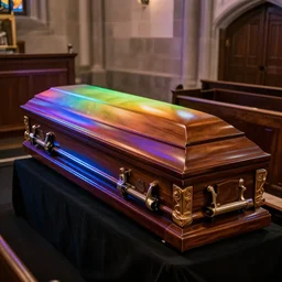 A funeral photo with a RGB coffin in a church, RGB coffin, coffin with RGB lighting