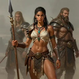 ethnic warrior female toned body, wearing tribal armor, holding wodden spear, by thomas cole and wayne barlowe 8 k, high detail, fantasy art, dnd, artstation,