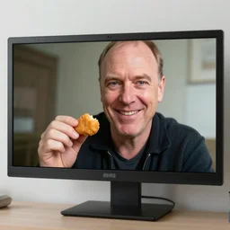 a security camera feed showing gus fring smiling and holding a chicken nugget