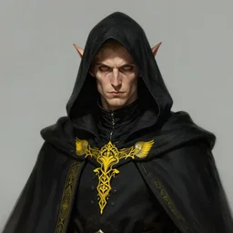 portrait of a mysterious and cunning male high elf inquisitorial agent wearing a black hooded agent's cloak with yellow religious filigree, by Raymond Swanland Greg Rutkowski Lise Deharm, intricate, masterpiece, sharp, digital art, full head, ArtStation, CGStation, 8k