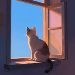 illustration of a cat with a black spot on her trunk in an old house with a window next to the blue sky , trending on artstation, trending on deviantart, backlight, orange light, blue shadows, pink reflections