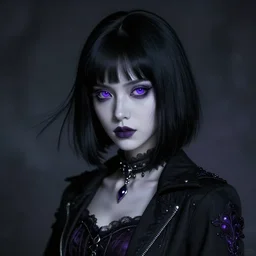Pale-skinned Persian girl, black hime cut hair, long bob cut hair, purple eyes, gothic jacket, mysterious girl, psychic girl, photograph