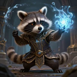 closeup 3 5 mm anthropomorphic royal warlock raccoon with a large head casting a water glowing energy spell in a dungeon, magic the gathering, d & d, fantasy, intricate, action pose, elegant, particle effects, highly detailed, digital painting, artstation, concept art, matte, sharp focus, volumetric lighting, illustration, hearthstone, art by artgerm, wlop, greg rutkowski and alphonse mucha