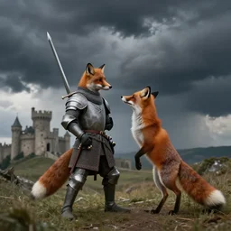 anthropomorphic!!! fox!! who is a medieval knight holding a sword towards a stormy thundercloud 1 9 3 0 s film still, castle in the background