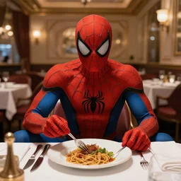 spiderman having dinner in a fancy restaurant, digital art, detailed