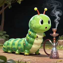 giant caterpillar with a human face smoking a hookah