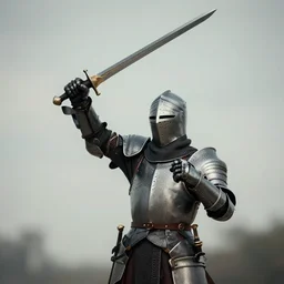 A knight holding his sword high up in the air.