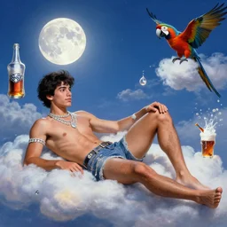 masterpiece portrait of a ( ( ( una cerveza y diamantes ) ) ), ( ( guapo joven cuban macho reclining ) ), nubes y magia, la luna, parrot, concept character, by greg rutowski and tezuka and oi and mucha and bierstadt and remington, trending on artstation