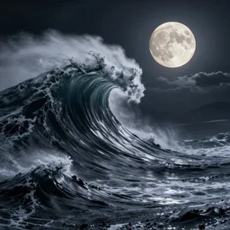picture of a tsunami wave that looks like a mountain range taken at night, full moon