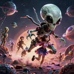 a skull alien chase a girl on alien planet by karol bak, james jean, tom bagshaw, rococo, sharp focus, trending on artstation, cinematic lighting, hyper realism, octane render, 8 k, hyper detailed, vivid, ultra detailed, highly detailed