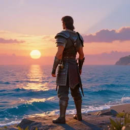 full length portrait of a male warrior standing on the shore looking out at the ocean, rendered in bryce 3 d, ray - tracing, water ripples, sunset, vibrant color, depth of field, cinematic, focused, rule of thirds, trending on artstation, by greg rutkowski and artgerm and alphonse mucha