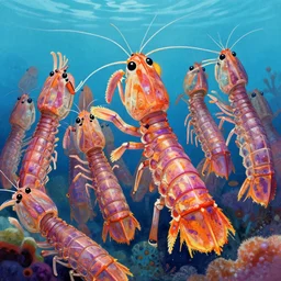 a beautiful painting of a swarm of psychedelic mantis shrimp at a Golden Corral | graphic novel:.1 | unreal engine:.5