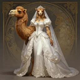 full body photograph female anthro camel fursona in a wedding dress, deep focus, intricate, elegant, regal, highly detailed, digital painting, artstation, concept art, matte, sharp focus, illustration, d & d, fantasy, hearthstone, art by artgerm and greg rutkowski and alphonse mucha