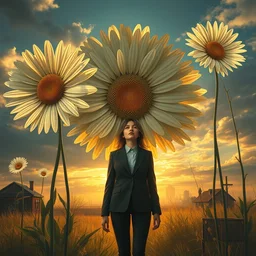 giant daisies flower head, frontal, girl in a suit, surreal photography, sunrise, dramatic light, impressionist painting, digital painting, artstation, simon stalenhag