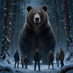 dark scene of a giant bear, surrounded by glowing eyes in the snowy forest, realistic shaded lighting poster by ilya kuvshinov katsuhiro otomo, magali villeneuve, artgerm, jeremy lipkin and michael garmash and rob rey