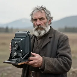 an analog 4x5 camera portrait photography of a 1890s Alaskan Miner, grizzled, old, commanding, dominant, cinematic, grey hair, metal engraving plate tin type photography, hq, detailed, realistic