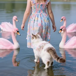 A photograph of a cat with a human body wearing a summer dress walking on the surface of a lake surrounded by dancing pink swans