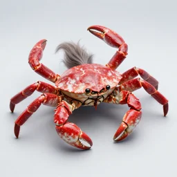 a bipedal crab human hybrid. red and white marbled skin, long hair, carapace