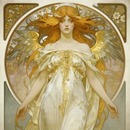 portrait of an ethereal woman with pale hair and gold eyes wearing a flowing white and gold gown surrounded by wing motifs, alphonse mucha, kay nielsen, art nouveau, intricate, digital painting, concept art