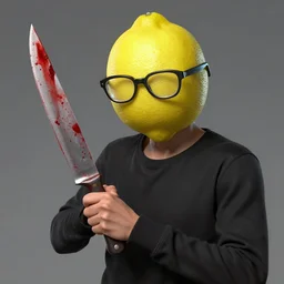 man with a lemon head wearing glasses holding a knife covered in blood hyper concept art aaa unreal artstation