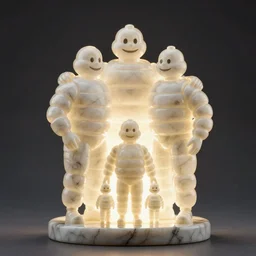 alabaster light scatter translucent sculpture of the Bibendum family portrait, backlight, Michelin Man family portrait, luminescence, sculpture, photograph, studio lighting, product photography, while marble, figurine, unreal engine, cryengine,