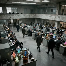 an SCP agency office hall interior in brutalist restrained sovietpunk cold war aesthetics where orderly depressed office workers in formal clothing are busily walking past office equipment and containers with strange eerie varied bioluminiscent metallic artifacts, aesthetics inspired by federal agencies like CIA FSB NSA KGB GRU, inspired by the game Control, inspired by Simon Stalenhag, extremely high detail, photorealistic, cinematic lighting, DSLR, Nikon