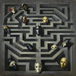 an infinite maze of masked mystery and intrigue, in the style of edgard maxence, lucien levy - dhurmer, jean delville, oil on canvas