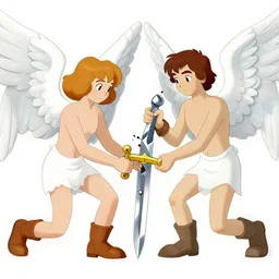 vision of angels with a broken sword, trying to fix it by pablo picasso and pierre - auguste renoir, style of toonami