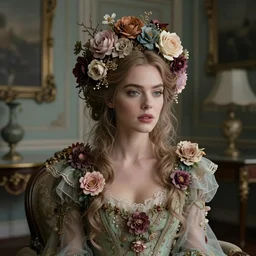 cinestill 5 0 d photography of a dystopian beautiful woman britt marling style by annie liebovitz sitting in a victorian room, hair and dress are intricate ornamental flowers, mistyscenic dystopian environment, elegant, highly detailed, soft blur, artstation, sharp focus, head in focus, tonal matt colors