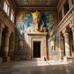 4 k dslr photo of a colossal mural at the back of the brightly colored great temple of amunabi. sunbeams and shadows volumetric lighting. the room was vast and filled with very ornate structures. shadows and limestone on the floor, bright ancient colors