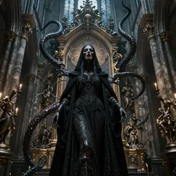 the  faceless priestess of pain and sorrow in a gothic cathedral filled with bio-mechanical tendrils, baroque, giger, surreal dramatic lighting, intricate details and ornaments, 8k, cinematic