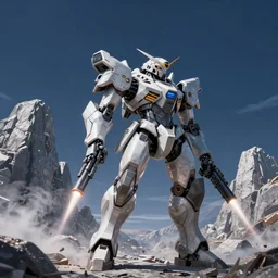 armored core v by liam wong, fromsoftware, booster flares, legs, laser rifles, smoke, karst landscape, ; wide shot, outdoor, dark blue sky, cloud, empty wilderness ground ; digital painting, cinematic contrast, dynamic backlighting, sharp edge, motion blur,