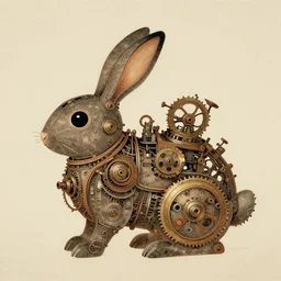 Ancient Japanese art of a steampunk machine in the shape of a rabbit