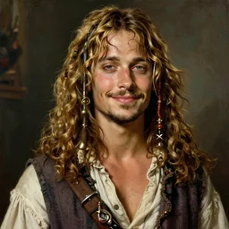 beautiful portrait painting of Jim Hawkins from Treasure Planet with long curly blond hair, delicate young man wearing an open poet shirt smiling sleepily at the viewer, symmetrically parted curtain bangs, in love by Peter Paul Rubens and Norman Rockwell