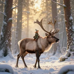photo of a tiny human like elf riding on the back of an albino elk thru an enchanted forest, majestic!!! beautiful!!!, ethereal!!!, loving, ultra realistic, winter, golden hour, volumetric lighting, sharp focus