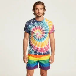 chris pratt in a tie dye tshirt with rainbow shorts in the 1 9 6 0 s