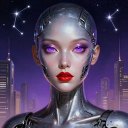 cyber female with purple mechanic eyes and red lips and metallic skin, face, sci - fi, metal, constellation cyberpunk city on background, breathtaking stars, elegant, highly detailed, digital painting, artstation, concept art, smooth, sharp focus, spiritual art, art by artgerm and greg rutkowski and alphonse mucha, psychedelic, illustration,